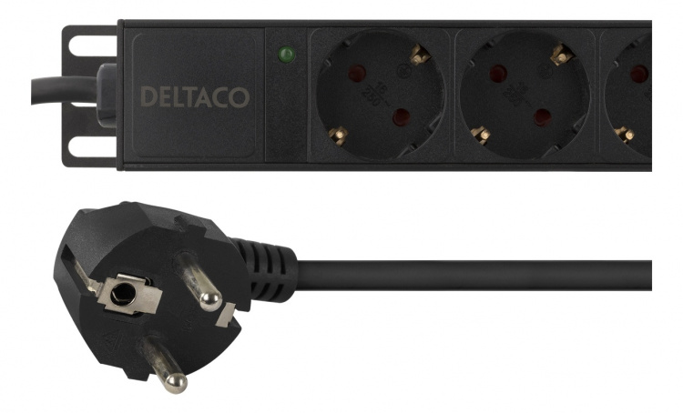 DELTACO Strømskinne med 10xCEE 7/4-kontakter, 1xCEE 7/7, 0,501m 1U,3m, svart (GT-8635)