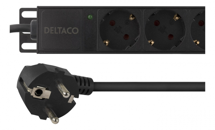 DELTACO Strømskinne med 10xCEE 7/4-kontakter, 1xCEE 7/7, 0,501m 1U,3m, svart (GT-8635)