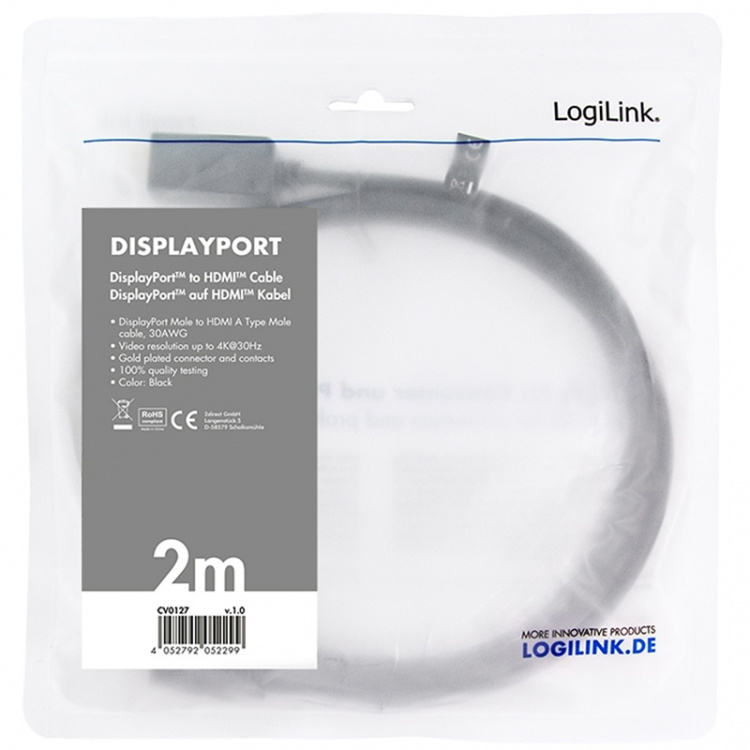 LogiLink DisplayPort 1.2 -> HDMI 1.4 4K 2m svart LogiLink DisplayPort 1.2 -> HDMI 1.4 4K 2m svart