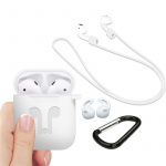 Silikonsett for Airpods, silikonetui, stropp, ørepropper i silikon, karabinkrok, hvit Silikonsett for Airpods, silikonetui, stropp, ørepropper i silikon, karabinkrok, hvit