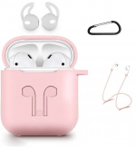 Silikonsett for Airpods, silikonetui, stropp, ørepropper i silikon, karabinkrok, rosa Silikonsett for Airpods, silikonetui, stropp, ørepropper i silikon, karabinkrok, rosa