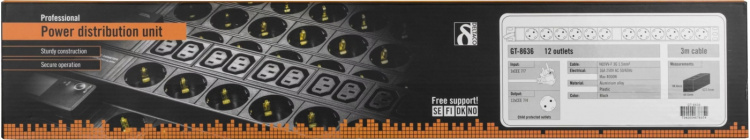 DELTACO strømskinne med 12xCEE 7/4-kontakter, 1xCEE 7/7, kapselbeskyttelse, 3m, svart (GT-8636)