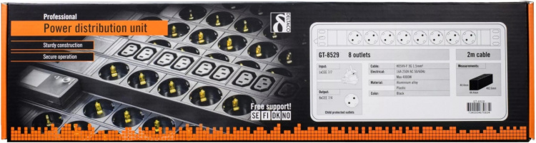 DELTACO Strømskinne, 8xCEE 7/4, 1xCEE 7/7, 2 m kabel, svart (GT-8529)