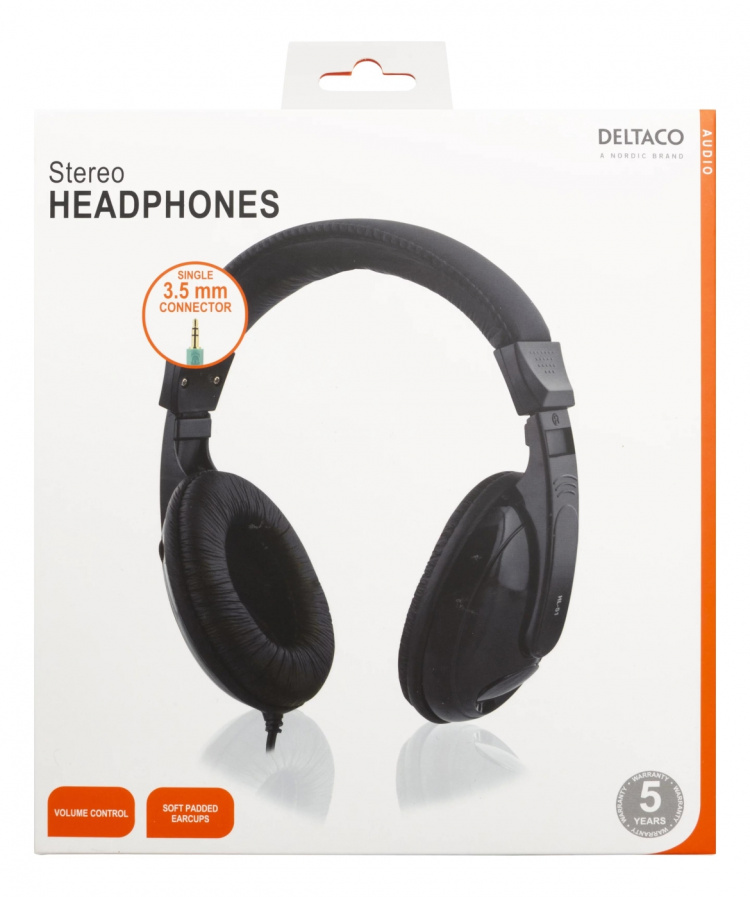 DELTACO hodetelefoner med volumkontroll, 2,5 m kabel, svart (HL-51)