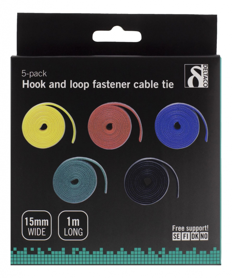 DELTACO kabelsorteringskit, kardborrband i olika färger, 5-pack