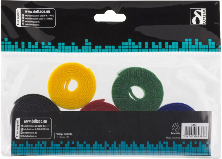 DELTACO kabelsorteringskit, kardborrband i olika färger, 5-pack