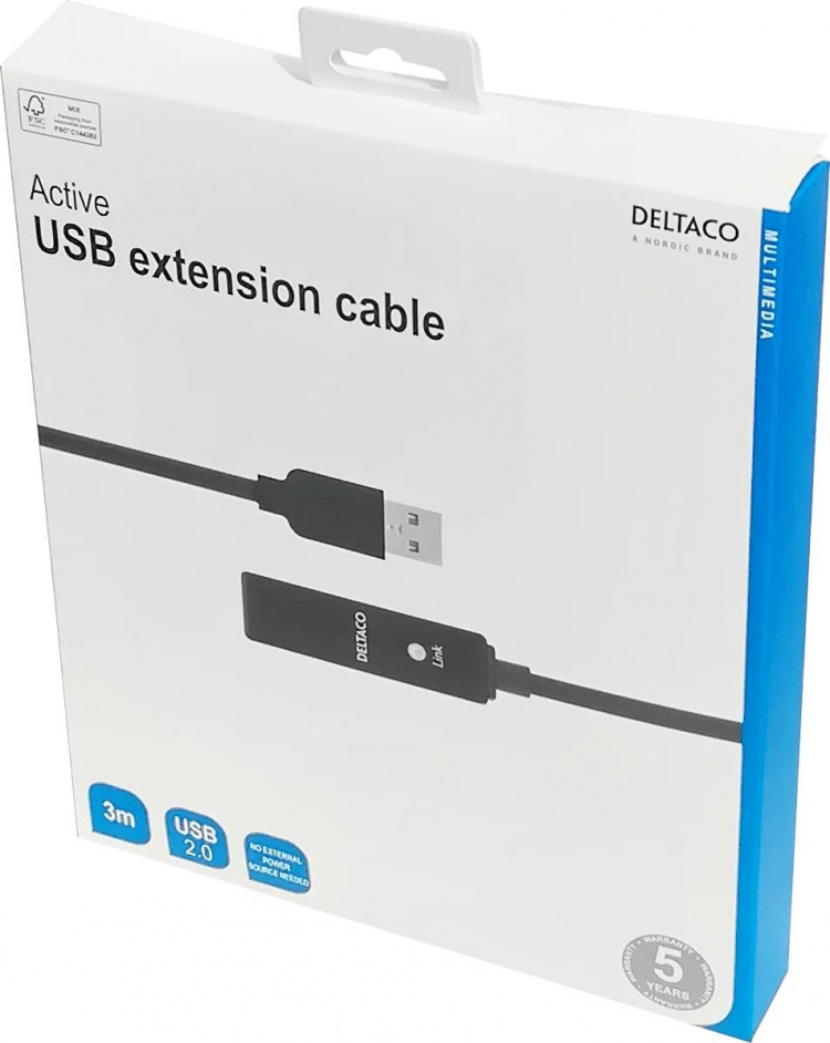 DELTACO PRIME USB förlängningskabel, aktiv, USB 2.0, 3m, svart