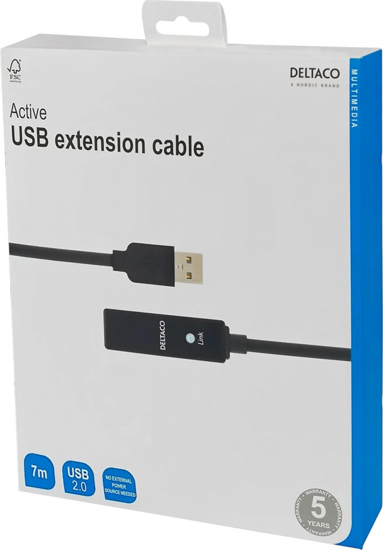 DELTACO PRIME USB förlängningskabel, aktiv, USB 2.0, 7m, svart