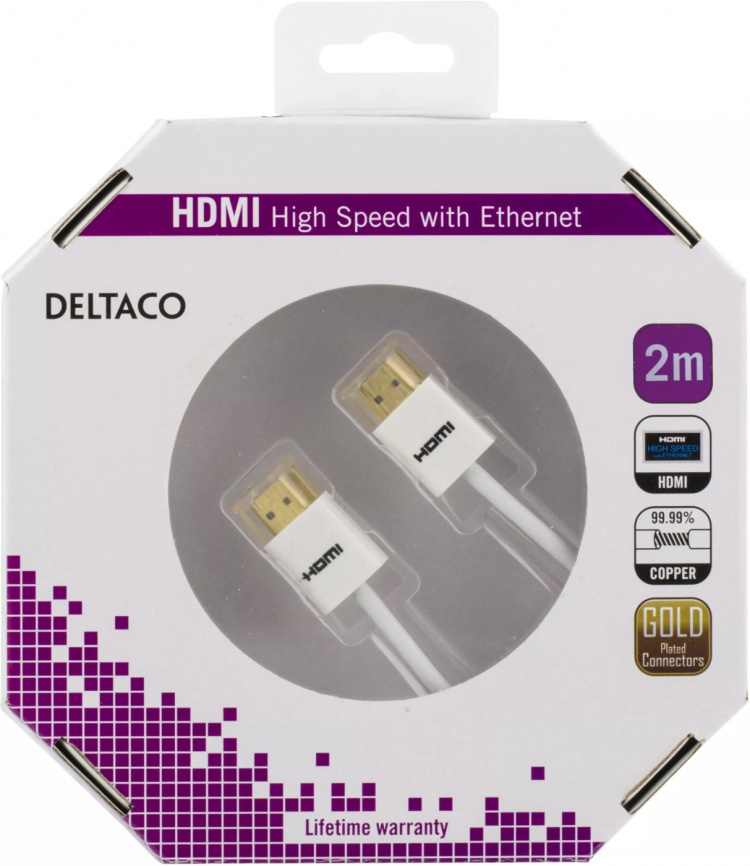 DELTACO tynn HDMI-kabel, 2 m, hvit blisterpakning (HDMI-1092A-K)