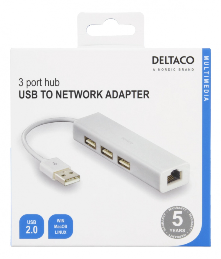 DELTACO USB 2.0-nettverksadapter med USB-hub, 100 Mbps, 3xUSB, hvit (USB2-LAN3)