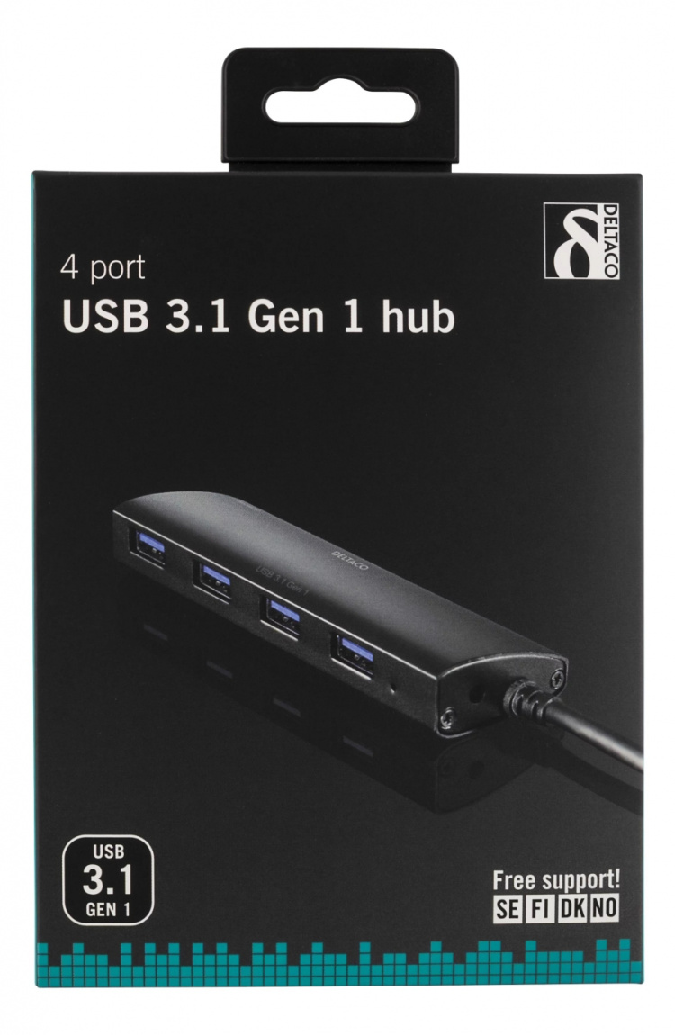 DELTACO USB 3.1 Gen 1 hubb, 4xTyp A hona, aluminium, svart