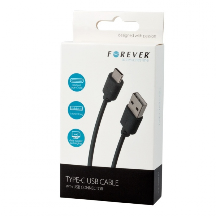 Forever USB-kabel, type C, 1 meter, svart