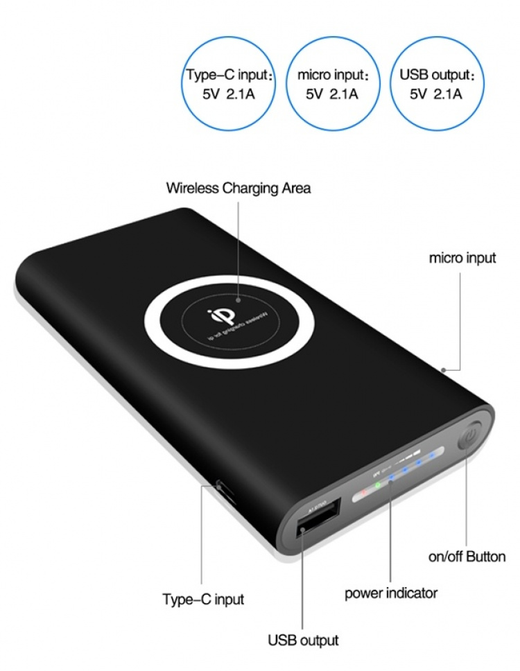 Powerbank 10000 mAh med trådløs lading via Qi - Svart