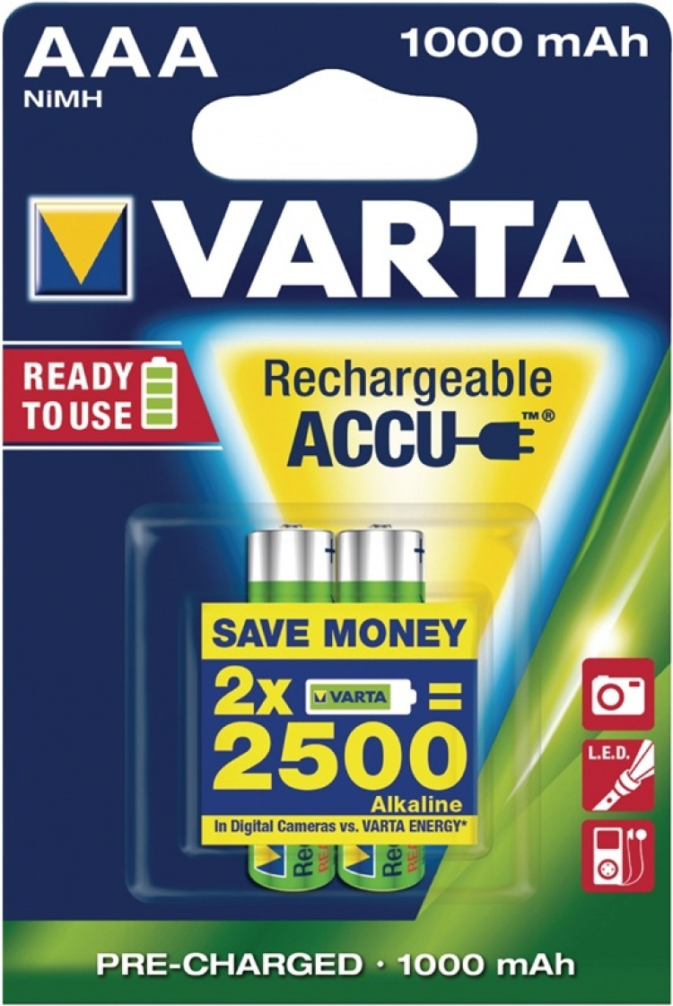 Varta Oppladbare Ni-MH batteri AAA | 1.2 V DC | 1000 mAh | Forhånds ladet | 2-Blisterkort