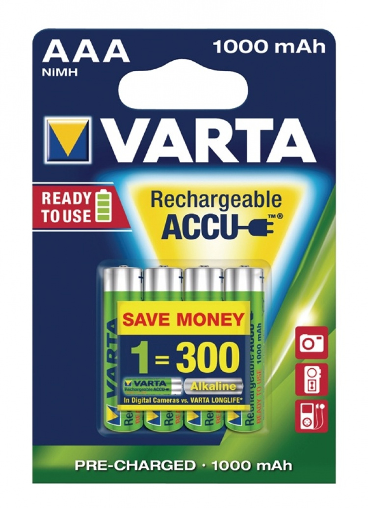 Varta Oppladbare Ni-MH batteri AAA | 1.2 V DC | 1000 mAh | Forhånds ladet | 4-Blisterkort