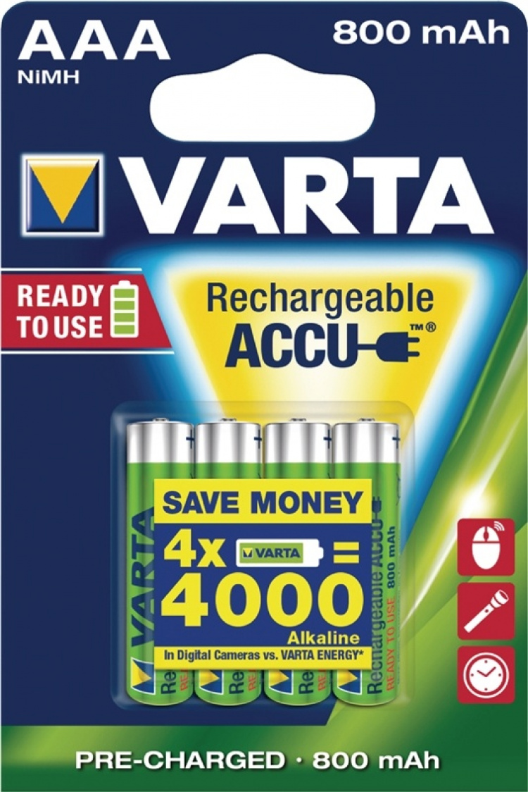 Varta Oppladbare Ni-MH batteri AAA | 1.2 V DC | 800 mAh | Forhånds ladet | 4-Blisterkort Varta Oppladbare Ni-MH batteri AAA | 1.2 V DC | 800 mAh | Forhånds ladet | 4-Blisterkort