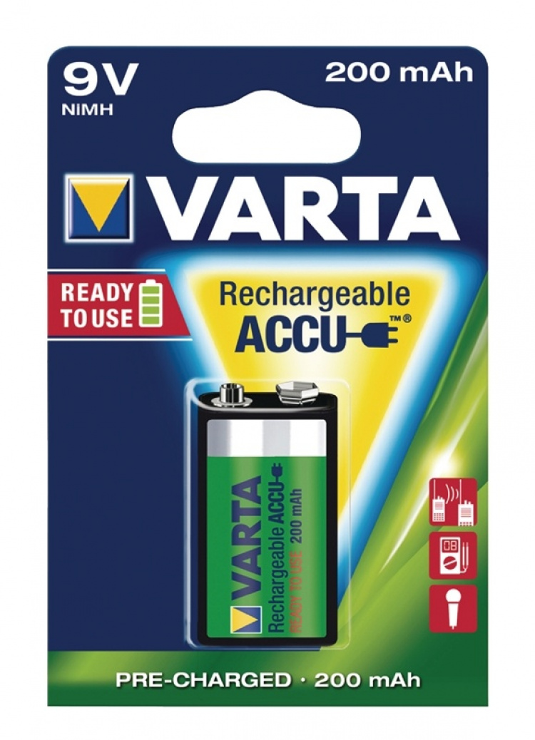 Varta Oppladbare batteri E-blokk | 9 V DC | 200 mAh | Forhånds ladet | 1-Blister | 6HR61 | Grøn / Gul