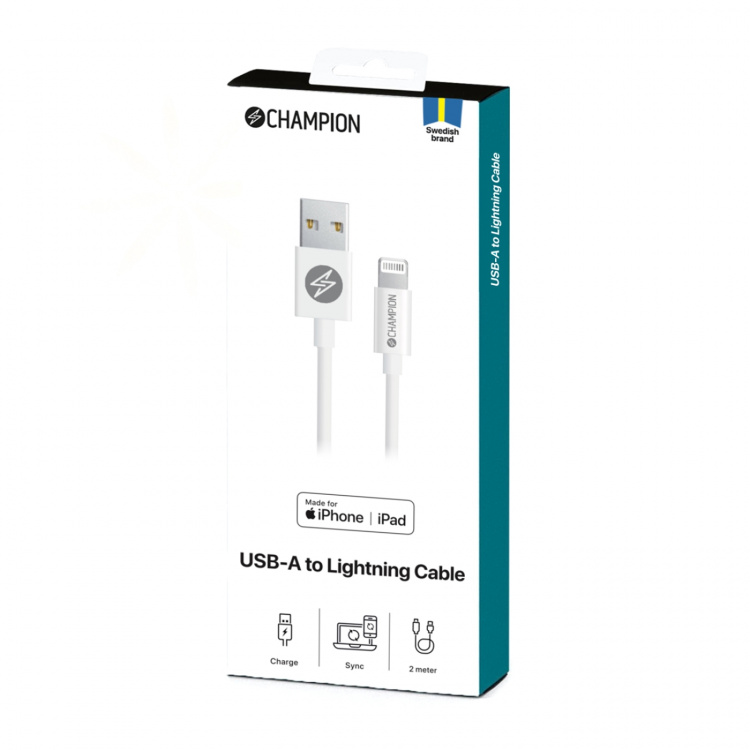 Champion USB-A til Lightning-kabel 2 m hvit