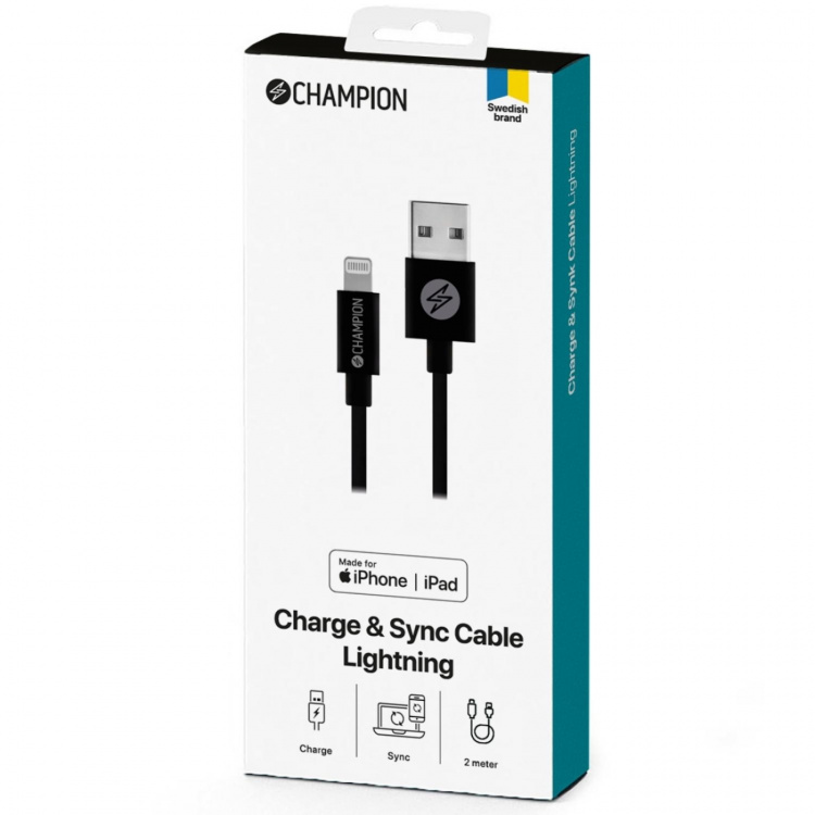Champion USB-A til Lightning-kabel 2 m svart