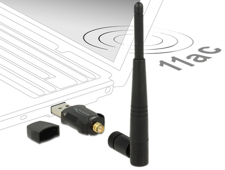 DeLOCK trådløst netverkskort, ekstern antenne, 802.11AC, USB 2.0, svar DeLOCK trådløst netverkskort, ekstern antenne, 802.11AC, USB 2.0, svar