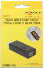 DeLOCK adapter, amperemeter og voltmeter, USB Type A ha - Type A ho, svart