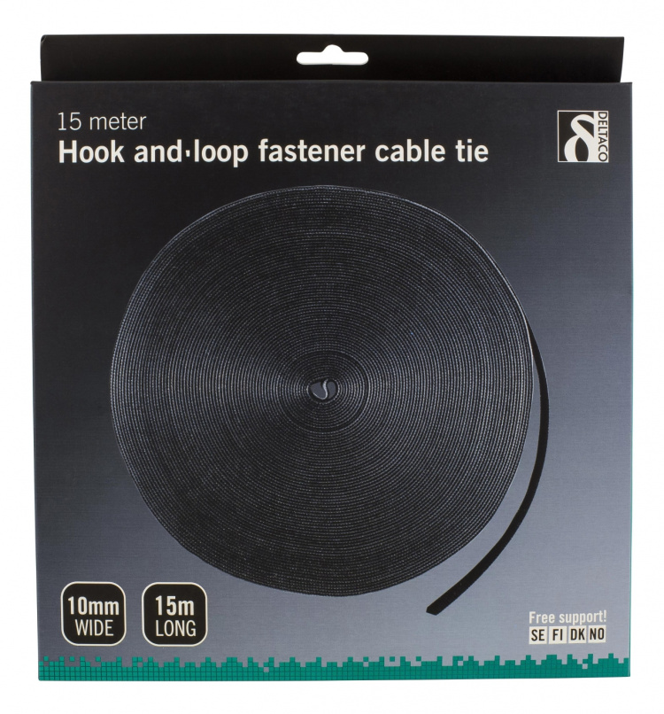 DELTACO Borrelås på rull, bredde 10mm, 15m, svart DELTACO Borrelås på rull, bredde 10mm, 15m, svart