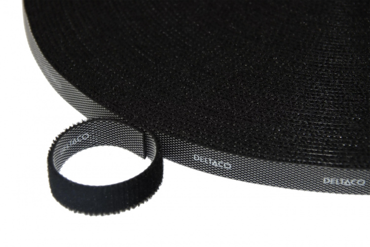 DELTACO Borrelås på rull, bredde 10mm, 25m, svart