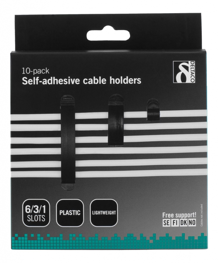 DELTACO selvklebende kabelklemmer, 1/3/6 plasser, 10-pk, svart