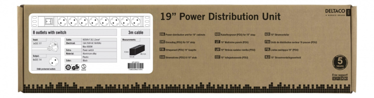 Grenuttag, 8xCEE 7/4, 1xCEE 7/7, brytare, 3m kabel, svart