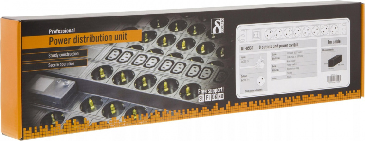 Grenuttag, 8xCEE 7/4, 1xCEE 7/7, brytare, 3m kabel, svart