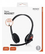 DELTACO Stereo Headset, on-ear, 1x3,5mm 4-pin, 1,8m, svart/rød