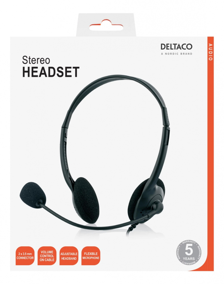 DELTACO Stereo Headset med mikrofon og volumkontroll, 2x 3,5mm, svart