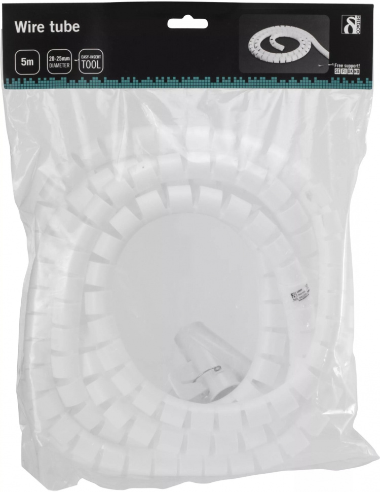 DELTACO Kabelbinder i nylon, 25 mm diameter, inkludert verktøy, 5 m, hvit