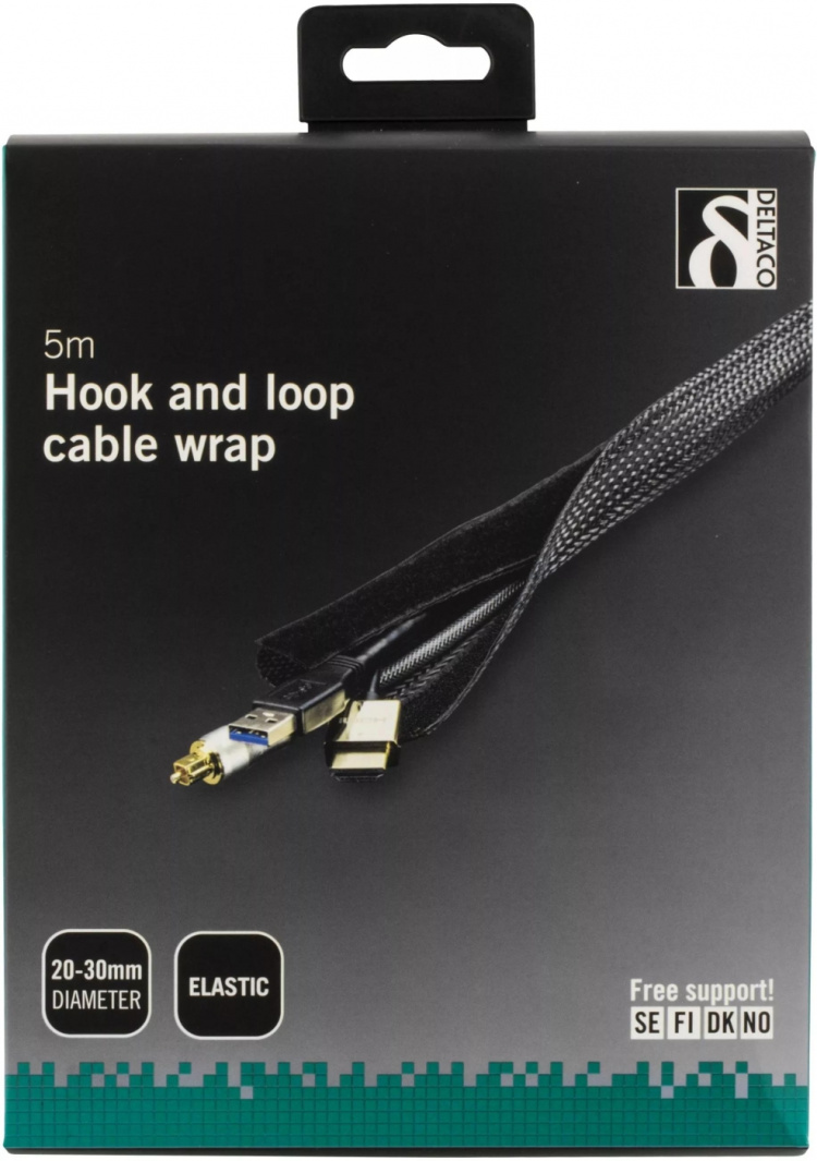 DELTACO kabelsorteringsstrømpe i nylon, borrelås, 5m, svart