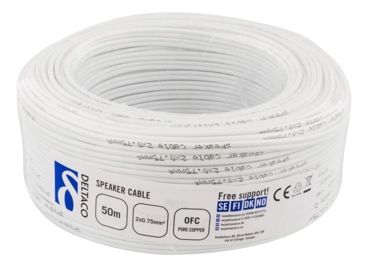 DELTACO Högtalarkabel, 2x0,75mm, vit, rulle om 50m