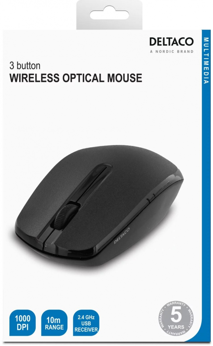 DELTACO trådløs optisk mus, 2 knapper og scroll, 1000 DPI, USB, svart