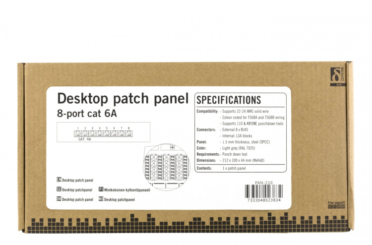 DELTACO Kretspanel, 8xRJ45, Cat6a, veggmonterbart, 10Gbps, grå