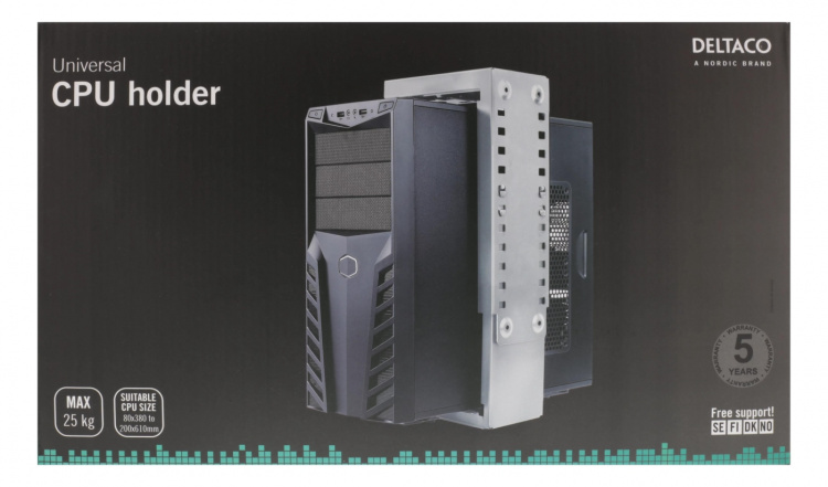 DELTACO datorhållare i stål för montering under bord/vägg, silver