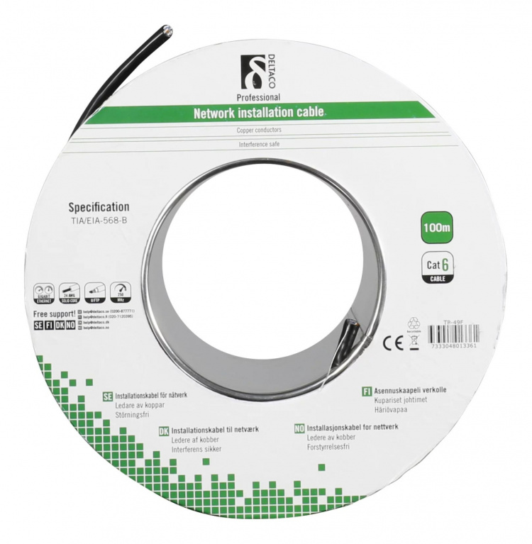 DELTACO F/UTP Cat6 installasjonskabel, for utendørs bruk, 100m, svart DELTACO F/UTP Cat6 installasjonskabel, for utendørs bruk, 100m, svart