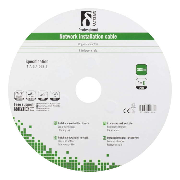 DELTACO F/UTP Cat6-installasjonskabel, for utendørs bruk, 305 m, svart