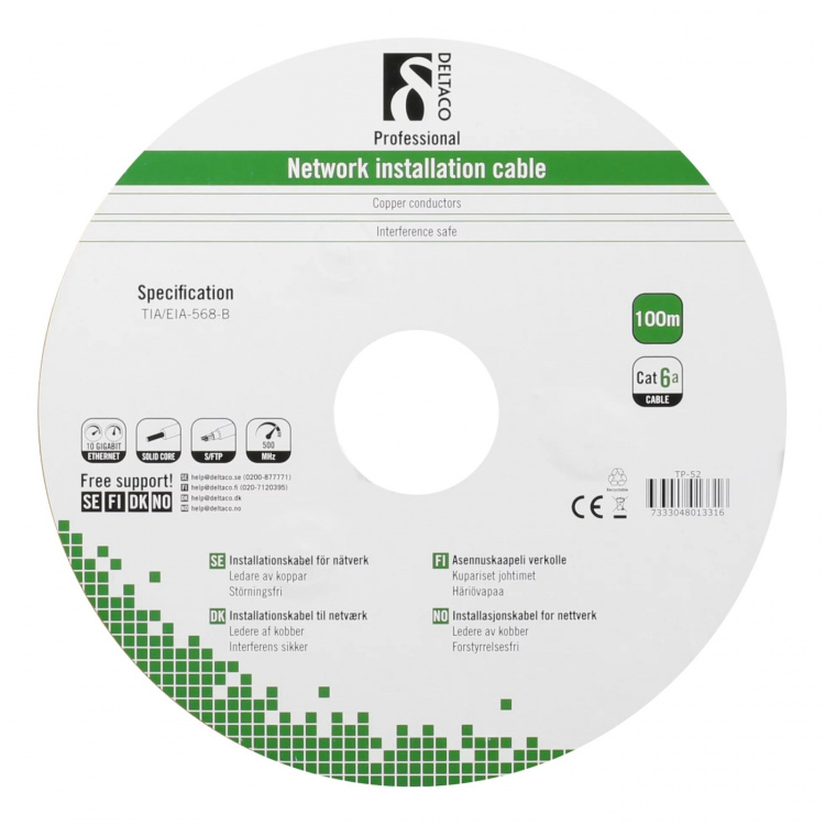DELTACO S/FTP Cat6a installasjonskabel, for utendørs bruk, 100m, svart