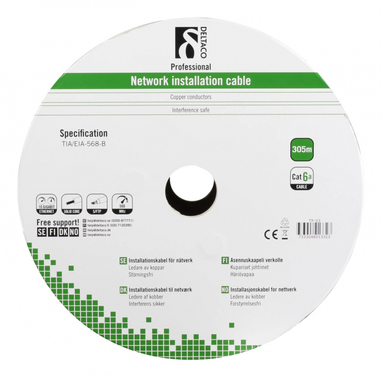 DELTACO S/FTP Cat6a installasjonskabel, for utendørs bruk, 305m, svart DELTACO S/FTP Cat6a installasjonskabel, for utendørs bruk, 305m, svart