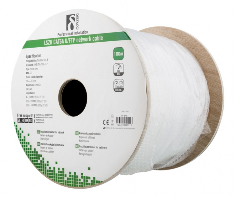 DELTACO U/FTP Cat6a installasjonskabel, 100m trommel, 500MHz, LSZH, hvit DELTACO U/FTP Cat6a installasjonskabel, 100m trommel, 500MHz, LSZH, hvit