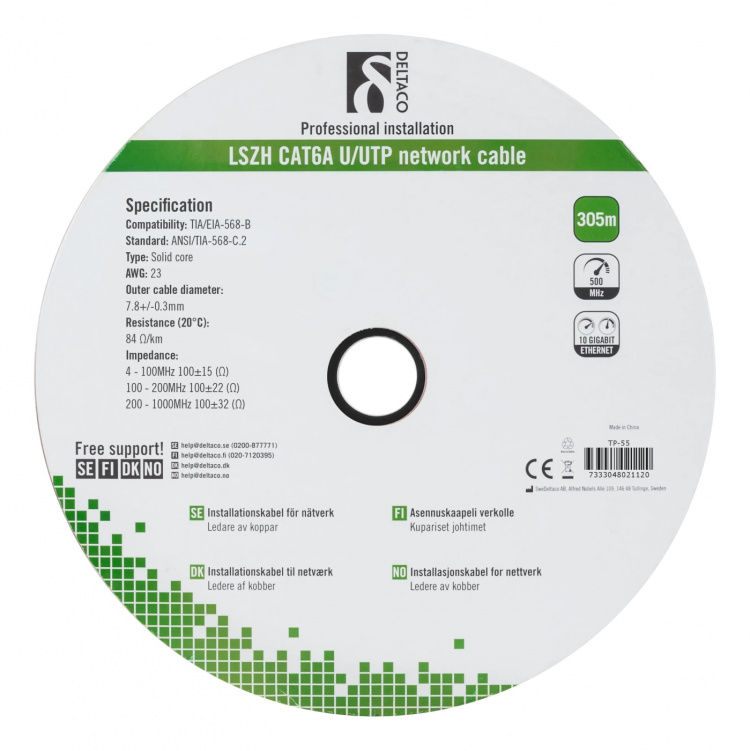 DELTACO U/FTP Cat6a installasjonskabel, 305m trommel, 500MHz, LSZH, grå DELTACO U/FTP Cat6a installasjonskabel, 305m trommel, 500MHz, LSZH, grå