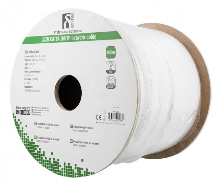 DELTACO U/UTP Cat6a installasjonskabel, 100m trommel, 500MHz, LSZH, hvit DELTACO U/UTP Cat6a installasjonskabel, 100m trommel, 500MHz, LSZH, hvit