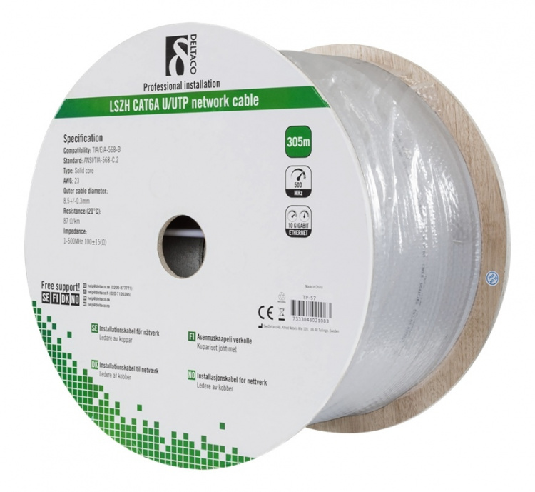 DELTACO U/UTP Cat6a installasjonskabel, 305m trommel, 500MHz, LSZH, grå