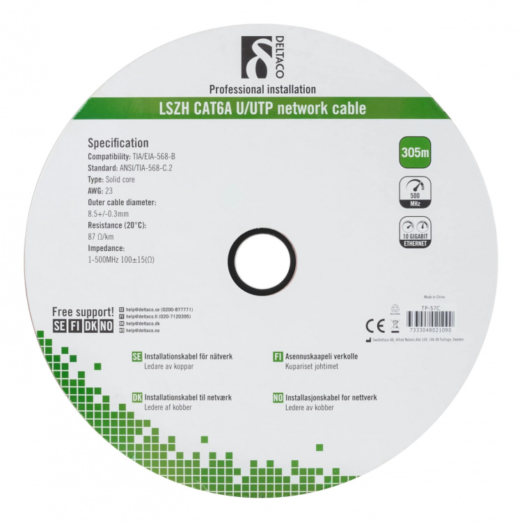 DELTACO U/UTP Cat6a installasjonskabel, 305m trommel, 500MHz, LSZH, hvit DELTACO U/UTP Cat6a installasjonskabel, 305m trommel, 500MHz, LSZH, hvit