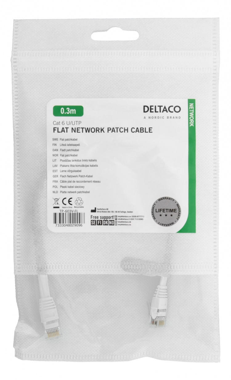DELTACO U/UTP Cat6 patchkabel, flat, 0,3m, 250Hz, hvit