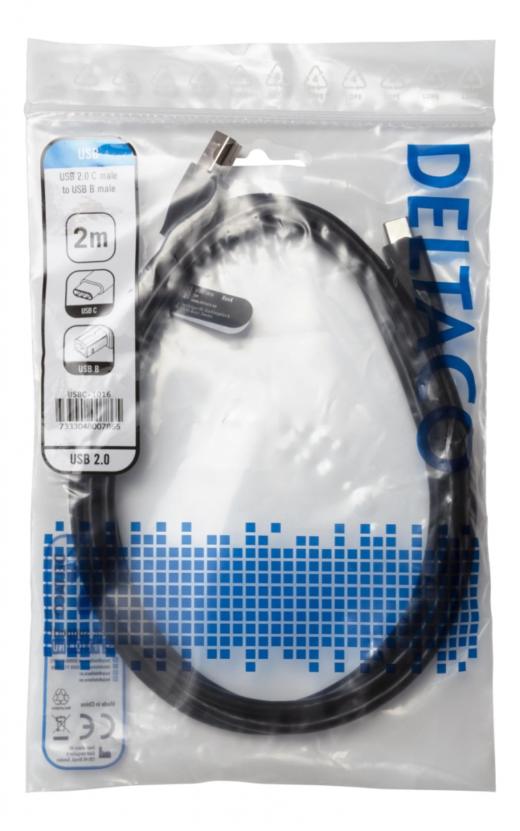 DELTACO USB 2.0 kabel, Type C Ha - Type B Ha, 2m, svart