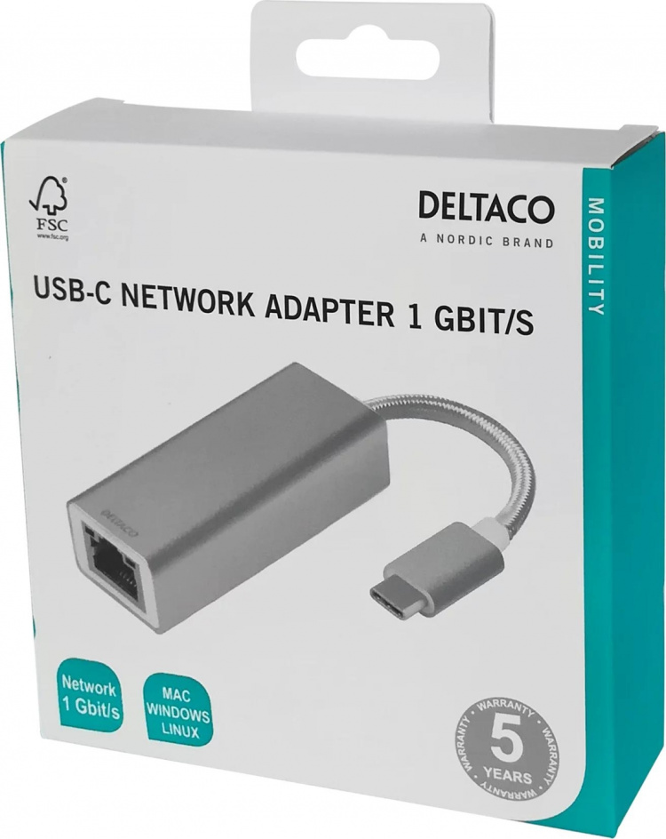 DELTACO PRIME USB-C nettverksadapter, Gigabit, RJ45, aluminium, sølv